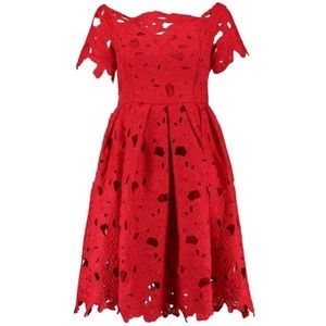 Boutique Off Shoulder Lace Skater DressRed Boutiq